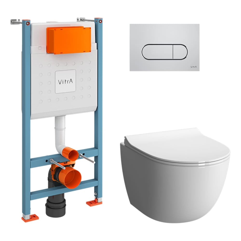 Изображение товара Комплект Vitra L-Box Sento Rim-Ex подвесной безободковый унитаз с тонким сиденьем с микролифтом, инсталляцией и клавишей смыва Root Round глянцевый хром 9830B003-7212 Изображение товара Комплект Vitra L-Box Sento Rim-Ex подвесной безободковый унитаз с тонким сиденьем с микролифтом, инсталляцией и клавишей смыва Root Round глянцевый хром 9830B003-7212