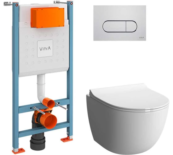 Изображение товара Комплект Vitra L-Box Sento Rim-Ex подвесной безободковый унитаз с тонким сиденьем с микролифтом, инсталляцией и клавишей смыва Root Round глянцевый хром 9830B003-7212