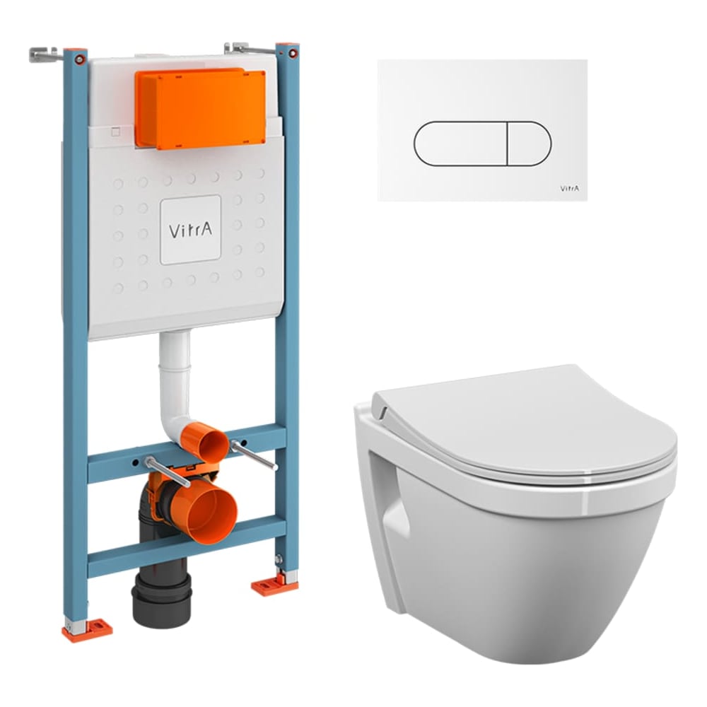 Изображение товара Комплект Vitra L-Box S50 Rim-Ex подвесной безободковый унитаз с тонким сиденьем с микролифтом, инсталляцией и клавишей смыва Root Round белая 9003B003-7203