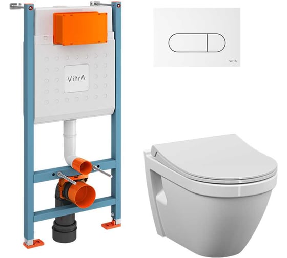 Изображение товара Комплект Vitra L-Box S50 Rim-Ex подвесной безободковый унитаз с тонким сиденьем с микролифтом, инсталляцией и клавишей смыва Root Round белая 9003B003-7203