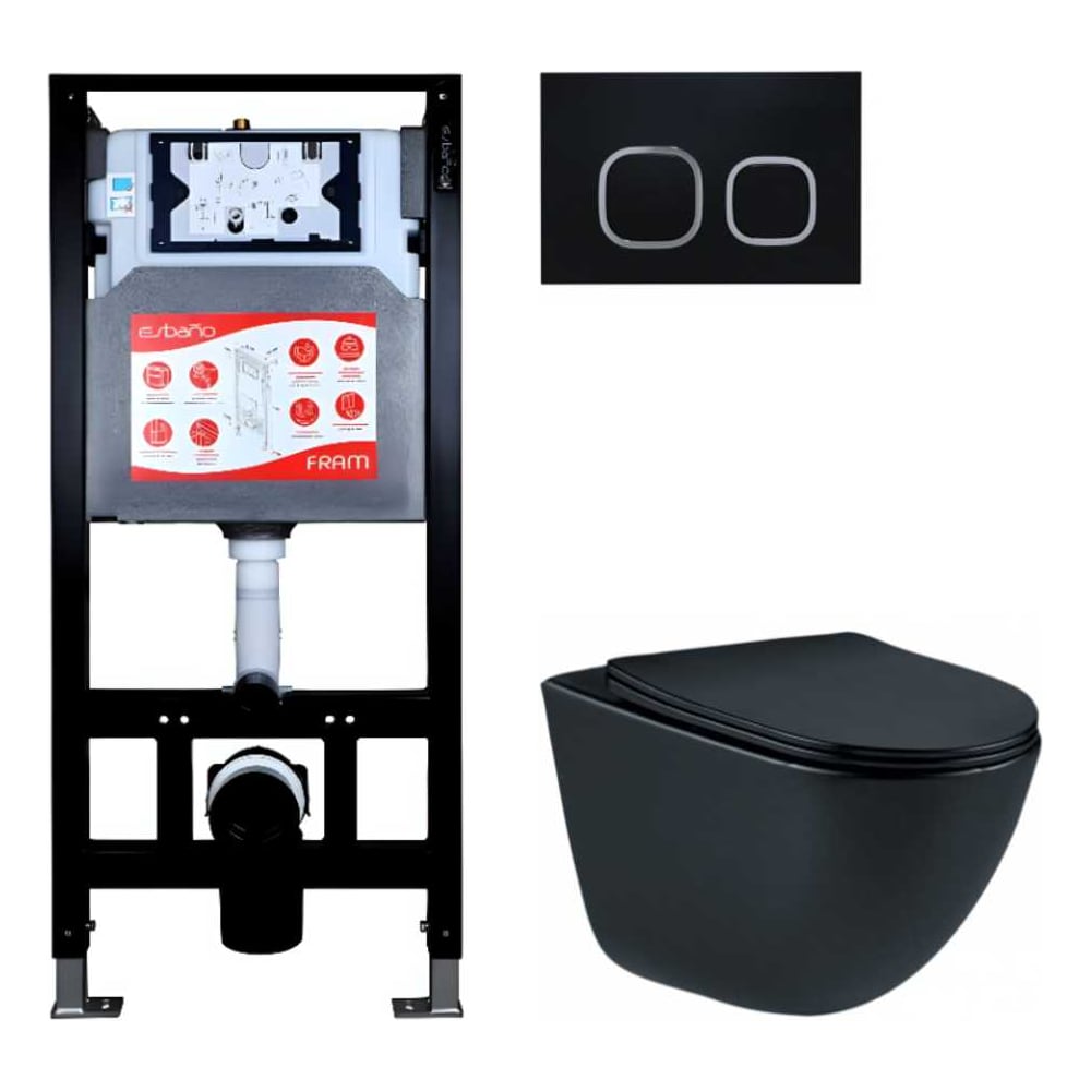 Изображение товара Комплект инсталляции Esbano FRAM унитаза безободковый черный матовый с сиденьем и микролифтом