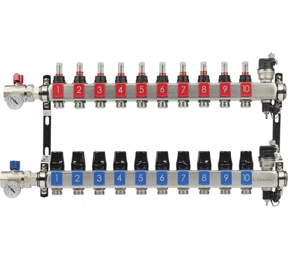 Изображение товара Блоки коллекторные OKSELER с расходомерами и автоматическими воздухоотводчиками, шаровыми кранами с термометрами, 10 выходов Oks00691