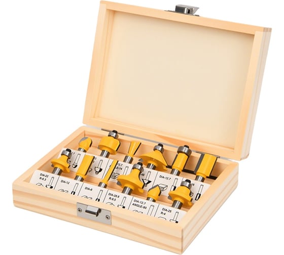 Изображение товара Набор фрез по дереву Deli 12шт DH-MXD008-EH1 хвостовик 8мм, деревянный кейс 183623