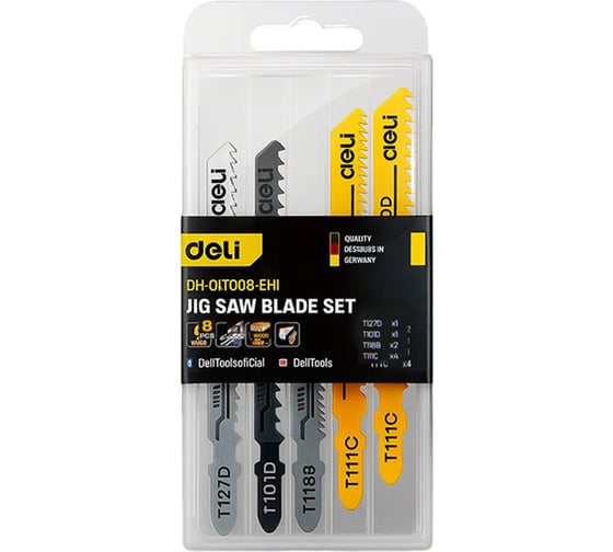 Изображение товара Набор пилок Deli для электролобзика (8шт) универсальный DH-QJT008-EH1 (2 шт по металлу, 4+1 шт по дереву, 1шт по алюминию) 183822