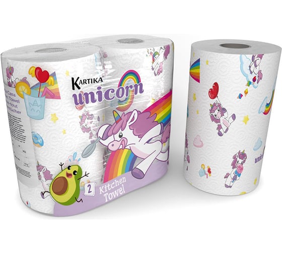 Изображение товара Бумажные полотенца World Cart Единорог, Kartika Collection, 2 слоя, 2 рулона/70 листов KGUNC-KT-01