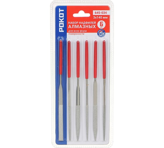 Изображение товара Набор алмазных надфилей 6шт РОКОТ размер 3x140мм, блистер 645-034