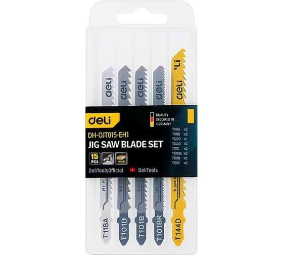 Изображение товара Набор пилок для электролобзика Deli (15шт) универсальный DH-QJT015-EH1 (4 шт по металлу, 10шт по дереву, 1шт по алюминию) 183827