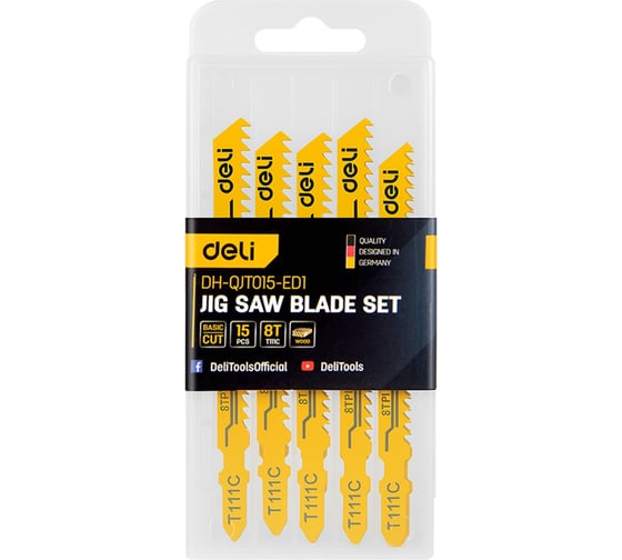 Изображение товара Пилки для электролобзика Deli (15шт) по дереву DH-QJT015-ED1 тип T111C, 8TPI, 74мм 183824