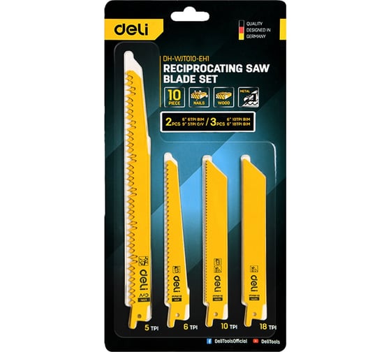 Изображение товара Набор полотен для сабельной пилы Deli (10шт) универсальный DH-WJT010-EH1 (5шт по металлу , 5шт по дереву) 183863