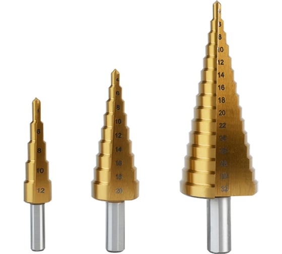 Изображение товара Набор сверл ступенчатых по металлу Deli (3 шт) DH-JTZ0003-ED1 (4-12мм, 4-20мм, 4-32мм, HSS 4241, цилиндрический хвостовик, прямая канавка) 178394
