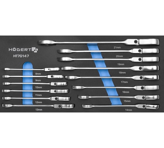 Изображение товара Набор рожково-накидных ключей с трещоткой и шарниром HOEGERT TECHNIK 14шт HT7G147