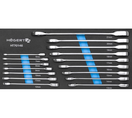 Изображение товара Набор рожково-накидных ключей с трещоткой  HOEGERT TECHNIK 16шт HT1R006-HT1R021 HT7G146