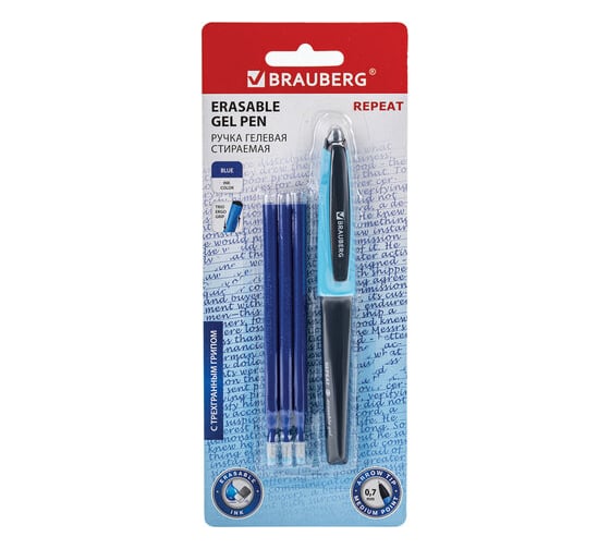 Изображение товара Стираемая гелевая ручка BRAUBERG REPEAT с эргономичным грипом, синяя, + 3 сменных стержня 143663