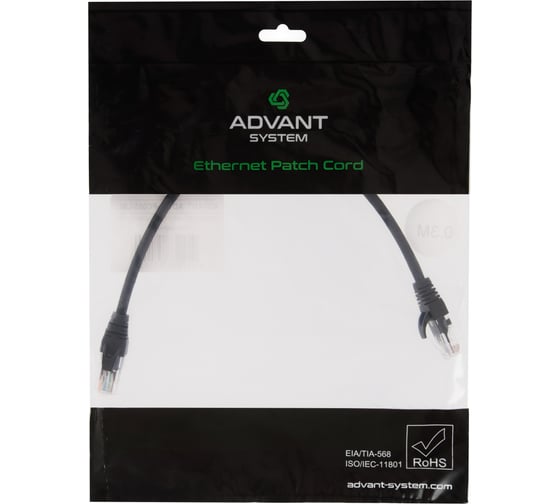 Изображение товара Патч-корд Advant кат. 5е, U/UTP, 4 пары (AWG24), многожильный, оболочка LSZH, цвет: черный, длина: 30 см ADV5е-PC003-LBL