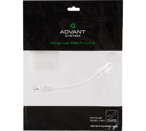 Изображение товара Патч-корд Advant кат. 5е, U/UTP, 4 пары (AWG24), многожильный, оболочка PVC, цвет: белый, длина: 15 см ADV5е-PC0015-PW