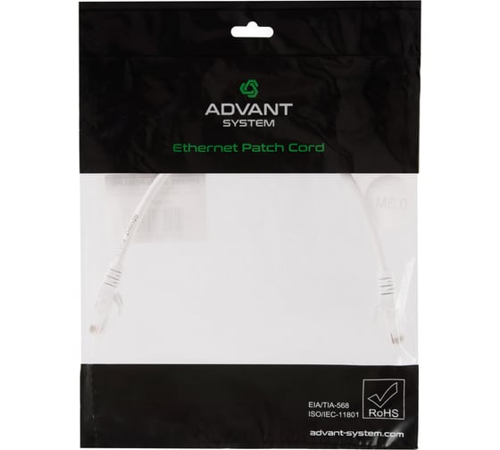 Изображение товара Патч-корд Advant кат. 5е, U/UTP, 4 пары (AWG24), многожильный, оболочка PVC, цвет: белый, длина: 30 см ADV5е-PC003-PW