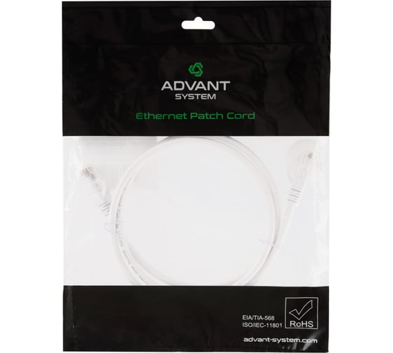 Изображение товара Патч-корд Advant кат. 5е, U/UTP, 4 пары (AWG24), многожильный, оболочка PVC, цвет: белый, длина: 1 м ADV5е-PC01-PW