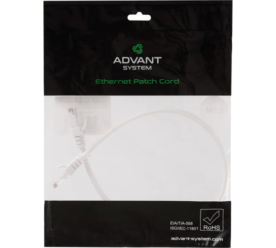 Изображение товара Патч-корд Advant кат. 5е, U/UTP, 4 пары (AWG24), многожильный, оболочка PVC, цвет: белый, длина: 50 см ADV5е-PC005-PW
