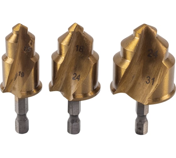 Изображение товара Набор ступенчатых спиральных сверл для полипропиленовых труб VIRA 15-19, 18-24, 24-31 мм, шестигранный хвостовик 551404