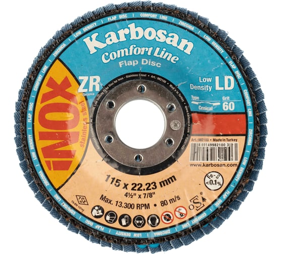 Изображение товара Круг лепестковый КЛТ 115x22 мм, Р60 Comfort Line ZR LD Flap конический INOX Karbosan KAR-982100