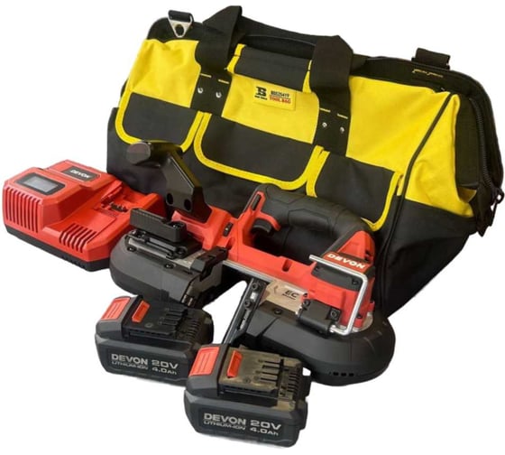 Изображение товара Аккумуляторная ленточная пила DEVON 64 мм 2 АКБ 4 Ач, З/У, сумка, 5838-LI-20-SET
