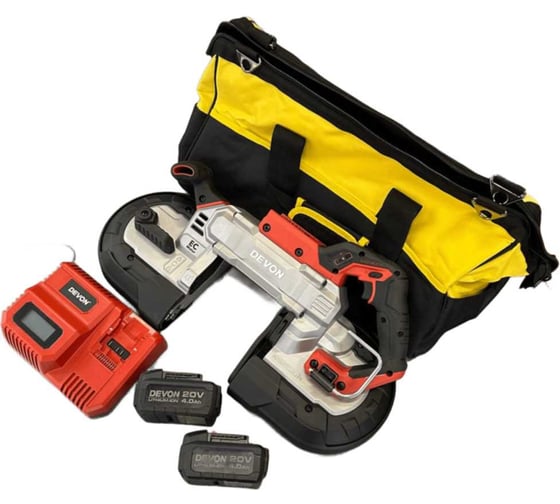 Изображение товара Аккумуляторная ленточная пила DEVON 127 мм 2 АКБ 4 Ач, З/У, сумка, 5839-LI-20-SET