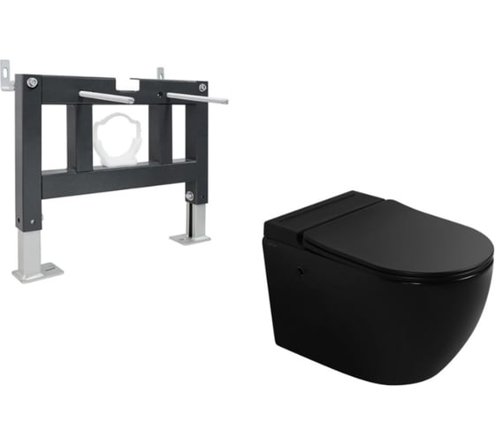 Изображение товара Комплект ABBER подвесной унитаз Bequem AC1108PMB черный матовый с импульсным смывом с инсталляцией AC0101P AC1108PMB-AC0101P