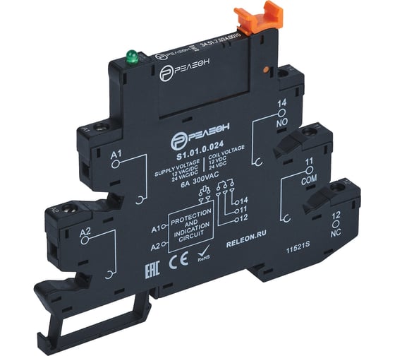 Изображение товара Интерфейсный модуль реле РЕЛЕОН 1 CO контакт 6А; 12В AC/DC; винт. зажимы RM151001200