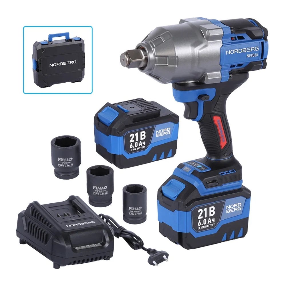 Изображение товара Аккумуляторный гайковерт NORDBERG 3/4 21 В 1500 Нм кейс 2 аккумулятора