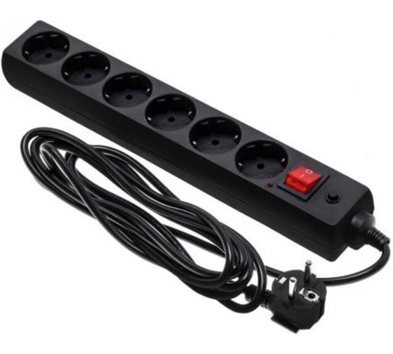 Изображение товара Сетевой фильтр (удлинитель) ЕТР 6 розеток с заземлением, 3 м, черный 77509