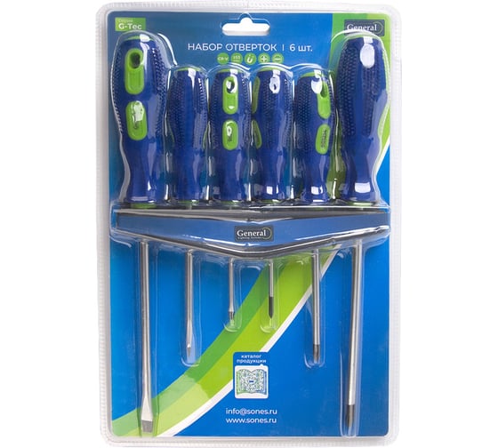 Изображение товара Набор отверток General Lighting Systems 6 шт. 3хSL, 3хPH, пласт. держатель, CR-V, G-Tec, General 901207