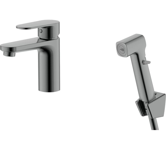 Изображение товара Смеситель для раковины AQUATEK AQ1812BGM НИКА 90 без донного клапана с гигиеническим ручным душем, оружейная сталь 00000143134