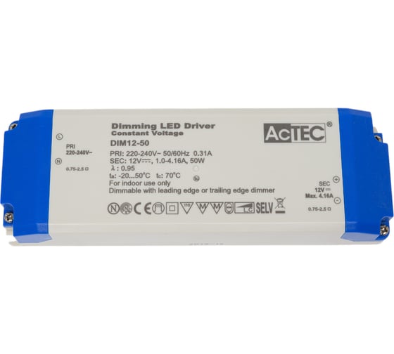 Изображение товара Блок питания AcTEC 12В, 50Вт, IP20, 1…4.16A, димм., Triac, 184x61x32мм DIM12-50
