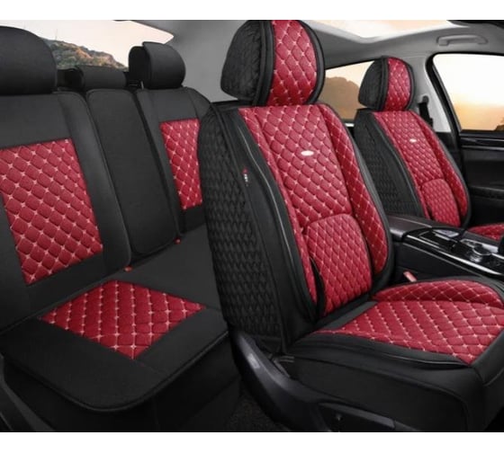 Изображение товара Накидки PSV 5D Linum Len (черно-красный/отстрочка белая), комплект на весь салон, лен 138646