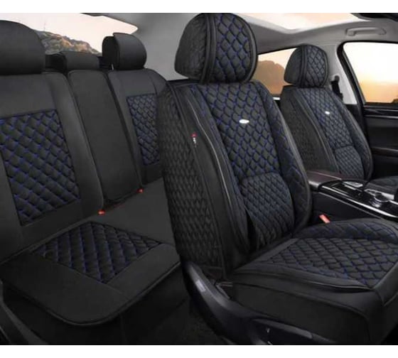 Изображение товара Накидки PSV 5D Linum Len (черный/отстрочка синяя), комплект на весь салон, лен 138279