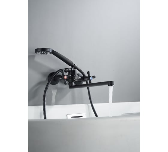 Изображение товара Смеситель для ванны черный, двухручковый ALOUTE кранбукса 90 градусов, излив 35 см. A6283H