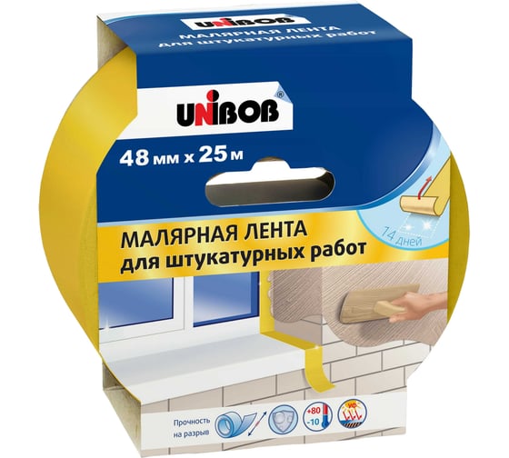 Изображение товара Клейкая лента малярная Unibob для штукатурных работ, 48ммх25м, желтая 90008