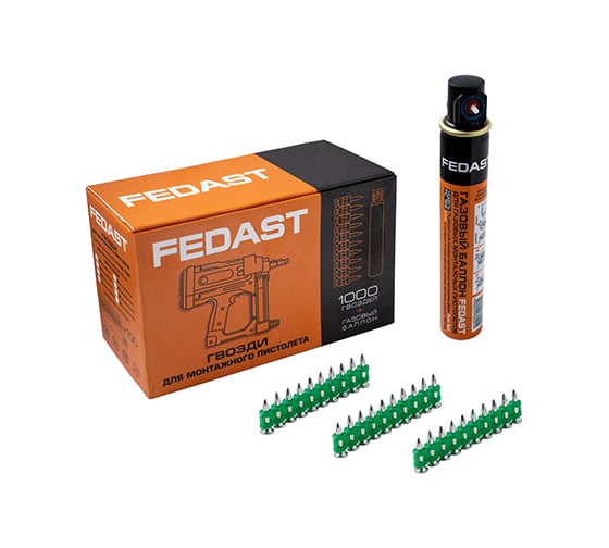 Изображение товара Усиленные гвозди для монтажного пистолета Fedast 3.0х38 мм в комплекте с газовым баллоном 165 мм fd3038egfc