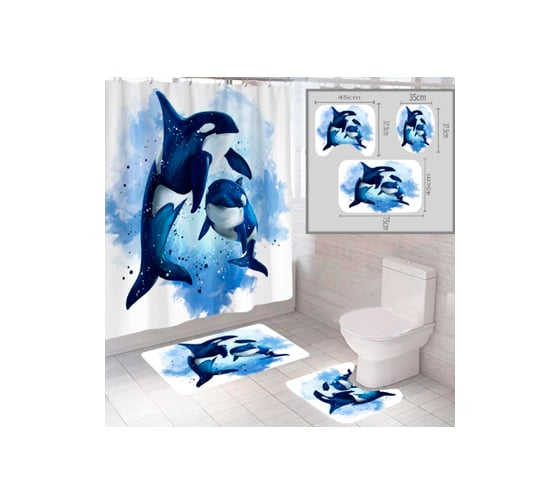 Изображение товара Комплект шторка и два коврика SANTRADE в одном дизайне Океан 0347