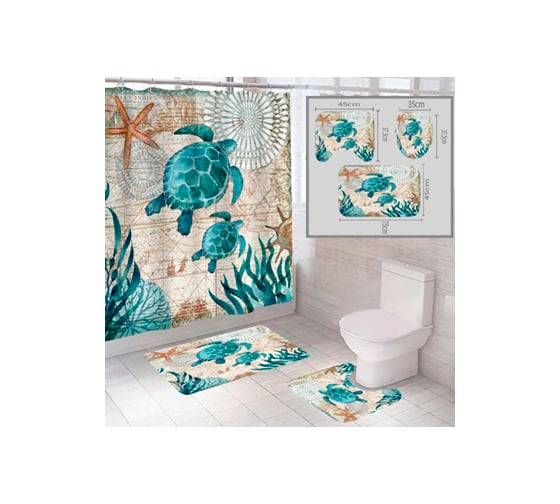 Изображение товара Комплект шторка и два коврика SANTRADE в одном дизайне Океан 0349