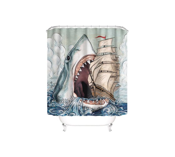 Изображение товара Штора для ванны SANTRADE фотопринт Акула-монстр 180х180 см, кольца в комплекте 0391
