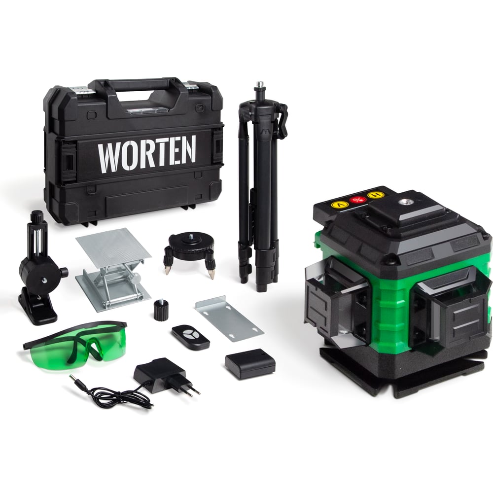 Изображение товара Лазерный профессиональный уровень WORTEN 12 лучей в кейсе + штатив 1 м (нивелир) КА-90000599