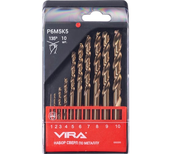 Изображение товара Набор сверл по металлу VIRA 1-10 мм Р6М5К5 10 шт 550200