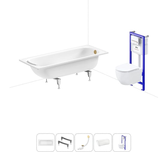 Изображение товара Комплект 5 в 1 Sanitana Europa 2.2 мм, стальная ванна 170x75 см, с инсталляцией и подвесным унитазом BLB 20220816R