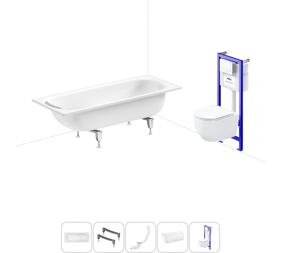 Изображение товара Комплект 5 в 1 Sanitana Europa 2.2 мм, стальная ванна 170x75 см, с инсталляцией и подвесным унитазом BLB 20220814R
