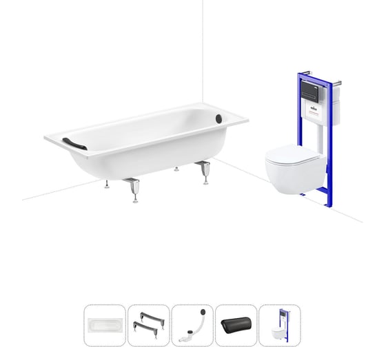 Изображение товара Комплект 5 в 1 Sanitana Europa 2.2 мм, стальная ванна 170x70 см, с инсталляцией и подвесным унитазом BLB 20220807R