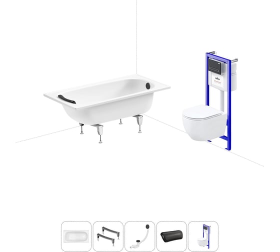 Изображение товара Комплект 5 в 1 Sanitana Europa 2.2 мм, стальная ванна 130x70 см, с инсталляцией и подвесным унитазом BLB 20220775R
