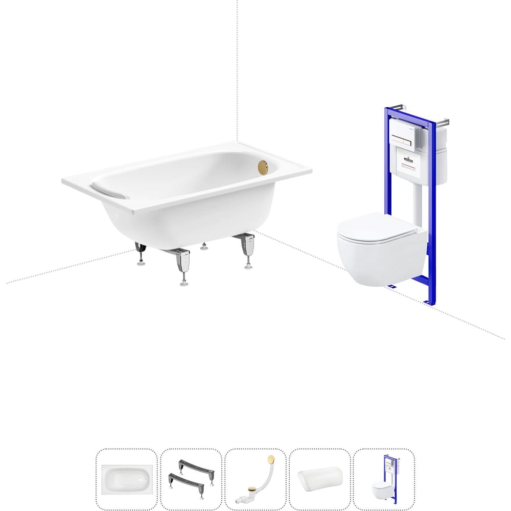 Изображение товара Комплект 5 в 1 Sanitana Europa 2.2 мм стальная ванна и унитаз с инсталляцией