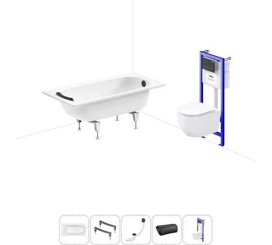 Изображение товара Комплект 5 в 1 Sanitana Europa 2.2 мм, стальная ванна 140x70 см, с инсталляцией и подвесным унитазом BLB 20220783R