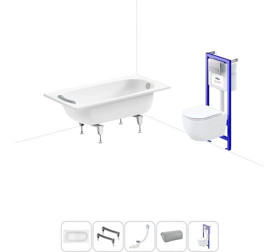 Изображение товара Комплект 5 в 1 Sanitana Europa 2.2 мм, стальная ванна 130x70 см, с инсталляцией и подвесным унитазом BLB 20220773R